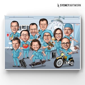 Caricatura de médicos personalizada, retrato divertido de dibujos animados de médicos, obsequios personalizados para grupos médicos, obsequio de graduación/oficina/jubilación de médicos