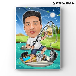 Personalized Fisherman Cartoon Portrait, Custom Fishing Caricature, Gift for any age - 30th, 40th,50th,60th etc, Retirement Party From Photo