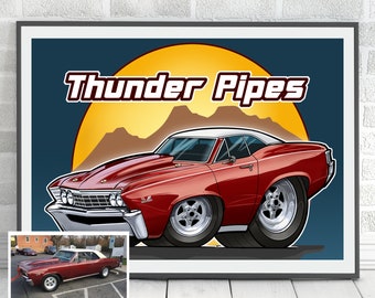 Ilustración de coche personalizada, dibujo digital de coche, regalo personalizado para novio, ideas de regalo para el Día del Padre, dibujo de coche de dibujos animados personalizado, coche para él