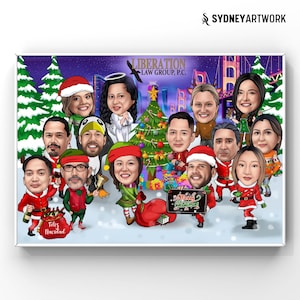 Caricaturas de cartões de Natal corporativos, melhor presente de desenho animado de Natal desenhado à mão a partir de fotos, tema de neve de grupo de Natal personalizado, presente de feriado exclusivo