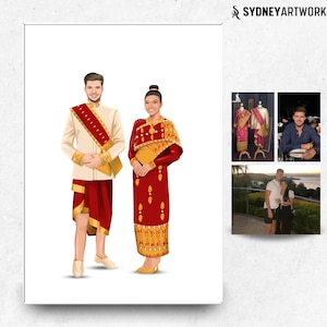 Traditionele bruiloftsoutfit paar, aangepast Lao/Ghana/Afrikaans/West-Afrika/Indiase bruiloft illustratie, traditioneel welkomstbord bruiloft