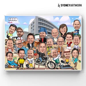 May include: A cartoon caricature of a group of people with a variety of backgrounds and hobbies. The people are all smiling and appear to be enjoying themselves. The image is set against a backdrop of a city skyline and a blue sky. The image includes the text 'Audi' and 'SYDNEYARTWORK'.
