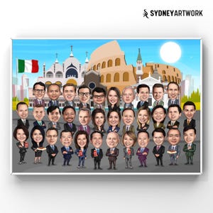 Cartoon Company Group, Large Business Team Caricature, Personalized Cartoon Illustration Group Office Worker Employee Retirement Friend Gift