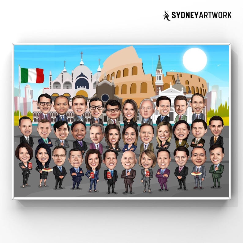 May include: A cartoon caricature of a group of people in front of a cityscape with a blue sky and white clouds. The cityscape includes the Colosseum, a church, and a building with an Italian flag. The people are all smiling and wearing different outfits. The text 'SYDNEYARTWORK' is in the top right corner of the image.