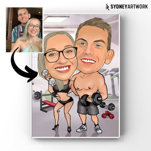 Gepersonaliseerde fitness cartoonportret, sportschool gewichtheffer paar cadeau, verjaardagscadeau, aangepaste karikatuur groepsgewichtheffer tekening van foto