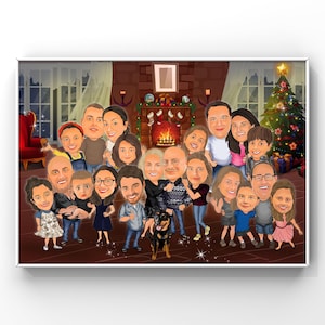 Tarjetas navideñas familiares y regalos de caricatura, retrato familiar de Papá Noel personalizado a partir de una foto, ilustración digital de tarjetas navideñas