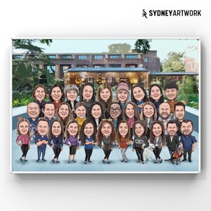 May include: A caricature drawing of a group of people in front of a building. The people are all smiling and looking at the camera. There are two dogs in the drawing, one white and one brown. The drawing is in a cartoon style and has a colorful background.