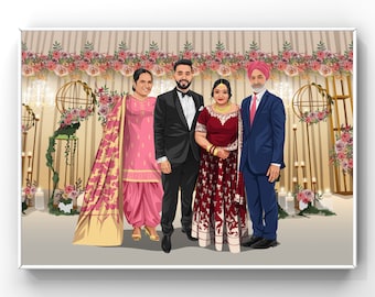 Illustrazione di ritratto di famiglia, simpatico disegno personalizzato di un cartone animato, regali per la festa della mamma, regalo di inaugurazione della casa, ritratto di gruppo, regalo personalizzato da foto