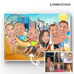 Strandthema Karikatur, kundenspezifische Familiengruppenkarikatur, personalisierte Feiertagsferienillustration vom Foto, personalisiertes Ruhestandsgeschenk