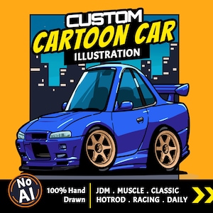 以下が含まれることがあります： 金色のホイールとリアスポイラーを備えた青い漫画の車のデジタルイラスト。テキストには「CUSTOM CARTOON CAR ILLUSTRATION」、「No AI」、「100% Hand Drawn」、「JDM」、「MUSCLE」、「CLASSIC」、「HOTROD」、「RACING」、「DAILY」と書かれています。背景はオレンジと濃い青です。