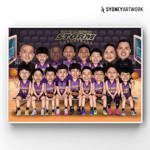 Retrato de desenho animado de jogador de basquete personalizado, presente de treinador de basquete, esportes de caricatura de grupo, desenho de presente de dia dos pais da foto