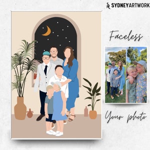 Aangepaste familieportret, cartoonportret, cadeau voor Kerstmis, gezichtsloze portretprint, familieillustratie, gepersonaliseerd cadeau, cadeau voor familie