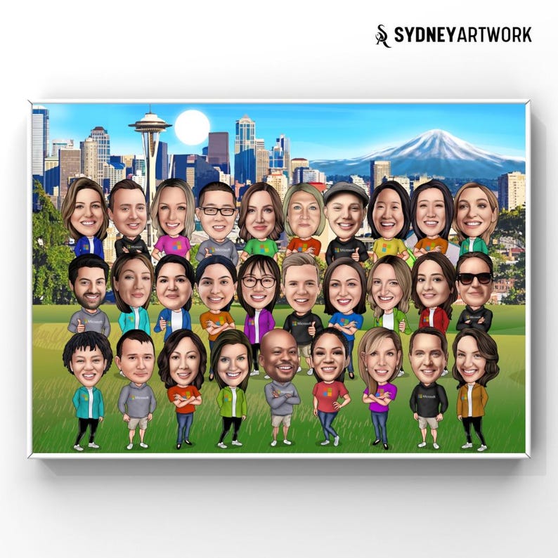 May include: A cartoon caricature of a group of people in front of a city skyline. The people are all smiling and have different colored hair and clothing. The city skyline includes buildings, a bridge, and a mountain. The text 'SYDNEYARTWORK' is in the top right corner of the image.