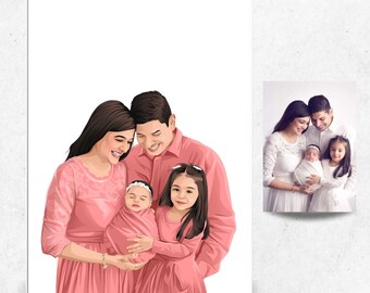 May include: A digital illustration of a family of four in pink clothing. The parents are holding a baby and a young girl. The family is smiling and looking at each other.
