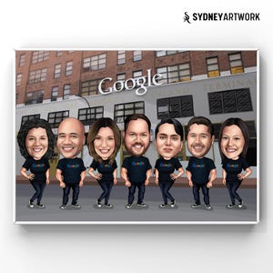 May include: A caricature illustration of seven people standing in front of a building with the word 'Google' on it. The people are wearing black shirts with the word 'Google' on them. The building is a brick building with large windows. The background is a city street with a building in the background.