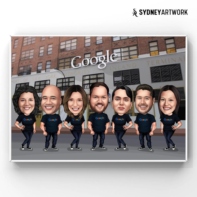 May include: A caricature illustration of seven people standing in front of a building with the word 'Google' on it. The people are wearing black shirts with the word 'Google' on them. The building is a brick building with large windows. The background is a city street with a building in the background.