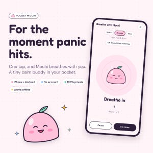 May include: A smartphone screen displays the Pocket Mochi app with a pink character, breathing instructions, and text including For the moment panic hits, iPhone + Android, No account, 100% private, and Works offline. A pink character is below.