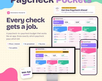 Paycheck Pockets Budget App, Simple Bill Tracker, Minimalist Digital Finance App (PDF Guide) + Bonus Workbook