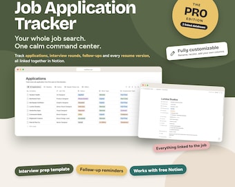 Puede incluir: Una plantilla digital de Notion titulada Job Application Tracker de Keyz Designz. La interfaz muestra una tabla para realizar el seguimiento de solicitudes de empleo, entrevistas y seguimientos. Incluye una insignia de Pro Edition, columnas personalizables y botones para el panel, el proceso, las entrevistas y la preparación.