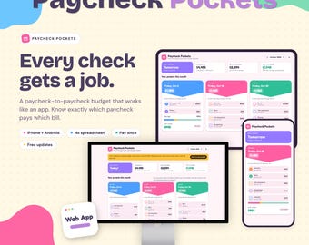 Puede incluir: Una herramienta de presupuesto digital titulada Paycheck Pockets mostrada en un monitor de computadora, una tableta y un teléfono inteligente. La interfaz presenta tarjetas coloridas para fechas de pago, seguimiento de facturas y resúmenes financieros.