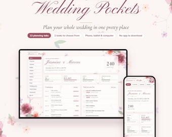 Puede incluir: Una interfaz de aplicación web de planificación de bodas llamada Wedding Pockets, mostrada en una pantalla de tableta y teléfono inteligente. El panel incluye pestañas de planificación, presupuestos y cuentas atrás para Jasmine & Marcus.
