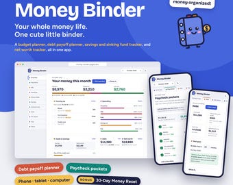 Aplicación web Money Binder para planificar el presupuesto, reinicio financiero de 30 días, presupuesto basado en el pago de nóminas, planificador de pago de deudas, fondos de reserva, seguimiento de facturas, patrimonio neto.