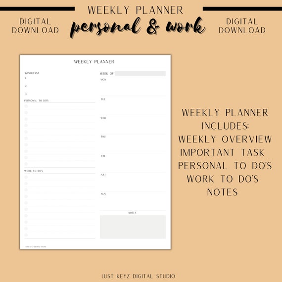 Just Keyz Digital Studio Instant Download Weekly Planner w/ Personal ...