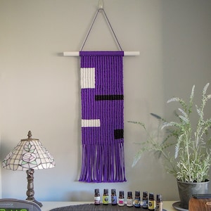 Modern Macramé Wall Art Hanging, purple white black abstract, unique minimalist one of a kind, bright wall art
