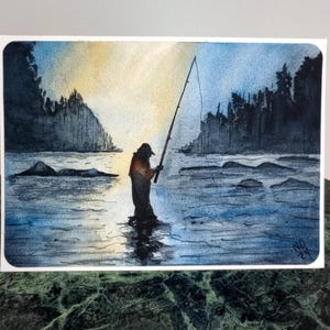 Fishing card,original watercolor painting,hand painted frameable hand painted keepsake blank greeting,one of a kind,gift for someone special