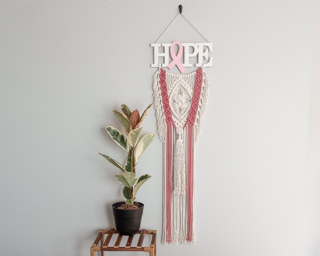 Wood Macramé Wall Art Hanging, Breast Cancer Awareness, Pink Ribbon ...