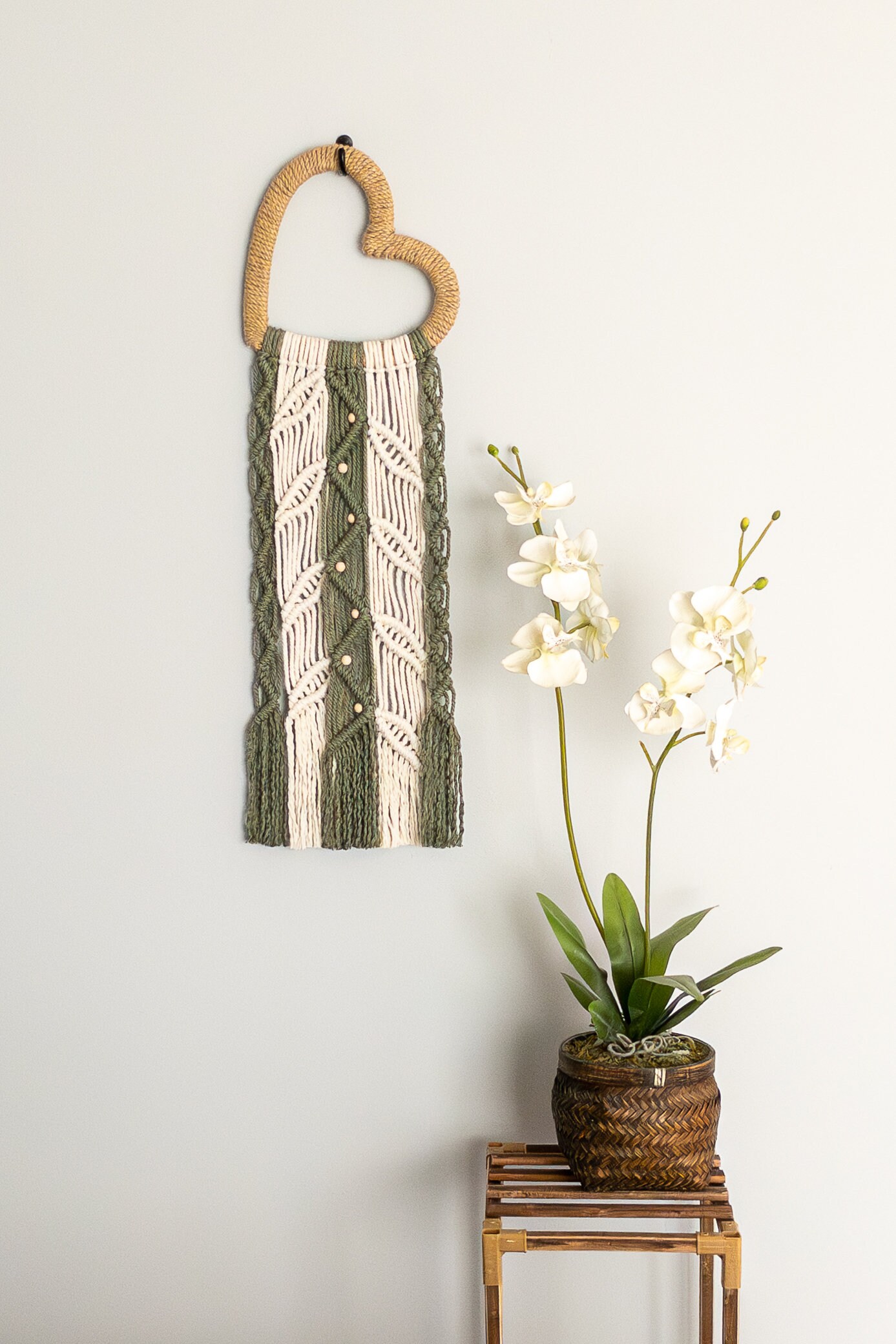 Macramé Heart and Leaves Wall Art Hanging, Nature Theme, One of Kind