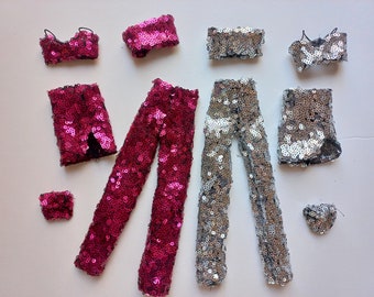 5 pcs 1/6 30 cm 12 inch doll sequin pants skirt tops  bag set by miniminici