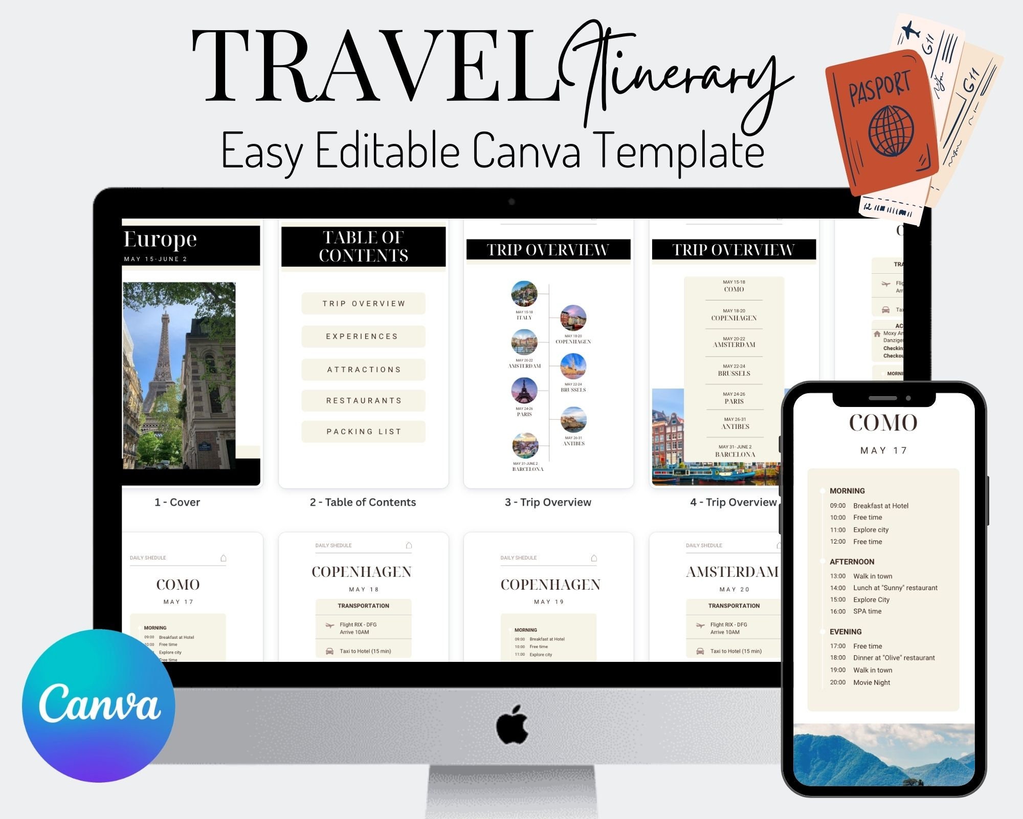 Easy Travel Itinerary Template, Modern Guide, Desktop, Ipad, Tablet