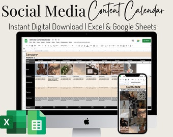Social Media Content Calendar | Content Planner Google Sheets | Batch Content | Social Media Marketing Planner| Digital Planner 2022 2023