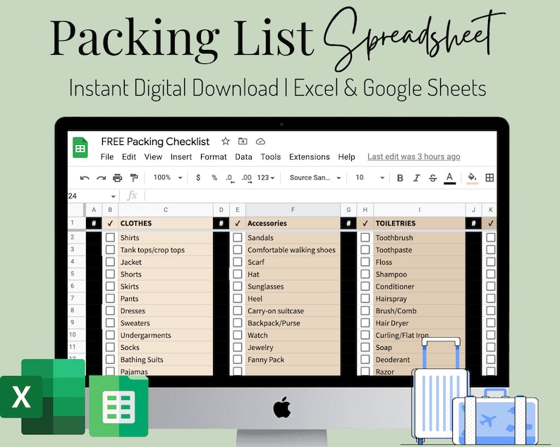 Complete Digital Vacation Packing List Google Sheets, Travel Checklist
