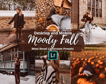 May include: A collage of images with a fall theme. The images include people in fall attire, pumpkins, and coffee. Text on the image reads "Desktop and Mobile Moody Fall" and "West Revel Lightroom Presets". A Lightroom logo is also present.