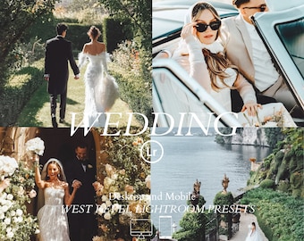 Puede incluir: Un collage de imágenes con temática de boda. Arriba a la izquierda, una pareja caminando por un sendero ajardinado. Arriba a la derecha, una novia en un coche. Abajo a la izquierda, una pareja saliendo de un edificio. Abajo a la derecha, una novia caminando cerca de un lago. El texto dice "WEDDING" y "WEST REBEL LIGHTROOM PRESETS".