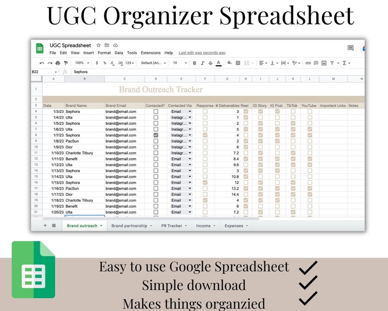 EASY UGC Outreach Google Spreadsheet Template, Influencer Spreadsheet