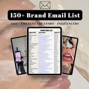 May include: An image promoting a brand email list for UGC creators and influencers. The text reads "150+ Brand Email List." A tablet displays a list of company names, email addresses, and industry types. Additional tablets show beauty product images.