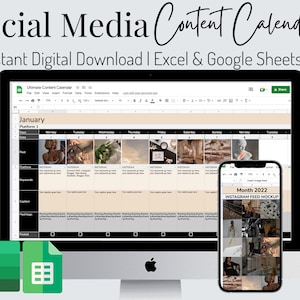 Puede incluir: Una pantalla de ordenador que muestra una hoja de cálculo con un calendario de contenido para redes sociales para el mes de enero. La hoja de cálculo está etiquetada como "Ultimate Content Calendar" e incluye columnas para "Fecha", "Plataforma", "Palabras clave", "Leyenda", "Hashtags" y "Publicado". La hoja de cálculo está abierta en Google Sheets. Un teléfono móvil se muestra en la esquina inferior derecha de la imagen, mostrando una maqueta de una fuente de Instagram.