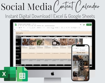 Instagram Blogger Social Media Content Calendar 2022, Digital Planner, Excel and Google Sheets, Tiktok Pinterest Planner, Batch Content
