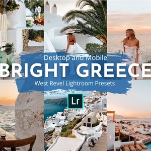 Peut inclure: Un collage d'images mettant en valeur la beauté de la Grèce. Les images présentent des bâtiments blancs, de l'eau bleue et un ciel de coucher de soleil. Le texte "Desktop and Mobile BRIGHT GREECE West Revel Lightroom Presets" est affiché sur un fond bleu et blanc.