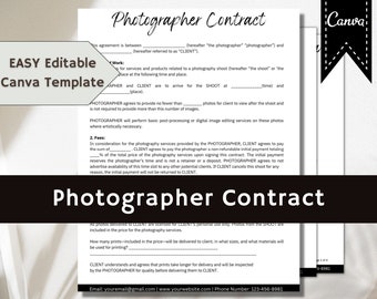 Photographer Contract Template on Canva| Social Media Influencer Contract Template | Canva Contract | Food Blogger Contract | Wedding Photo
