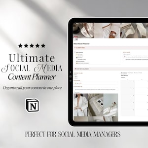 May include: A screenshot of a computer screen showing a social media content planner template. The template is titled "West Revel Planner" and includes sections for client info, a content calendar, and a post planner. The template is designed to help users organize their social media content.