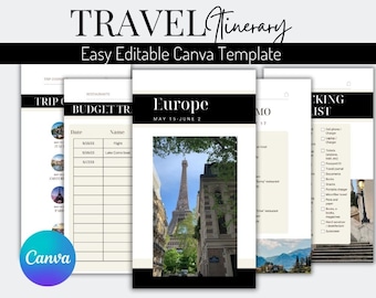 Easy Travel Itinerary Template, Modern Guide, Desktop, Ipad, Tablet, Editable on Canva, Printable, Digital Download, Traveling Europe
