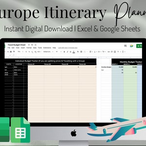 May include: A computer screen displaying a spreadsheet with the title "Europe Itinerary Planner" and the text "Instant Digital Download | Excel & Google Sheets". The spreadsheet is divided into two sections: "Individual Budget Tracker" and "Monthly Budget Tracker".
