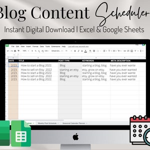 Planificador de publicaciones de blog y organizador de contenido, Planificador de Youtube, Calendario de contenido de hoja de cálculo, Planificador de redes sociales, SEO, Google Sheets Excel