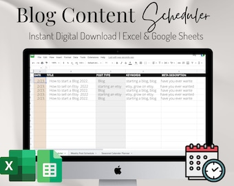 Blog Post Planner and Content Organizer, Youtube Planner, Spreadsheet Content Calendar, Social Media Planner, SEO, Google Sheets Excel