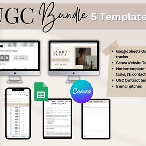 May include: A collage of digital templates for social media and business. The templates include a website template, a contract template, an outreach tracker, and a Notion template. The image also includes the logos for Canva, Notion, and Google Sheets.