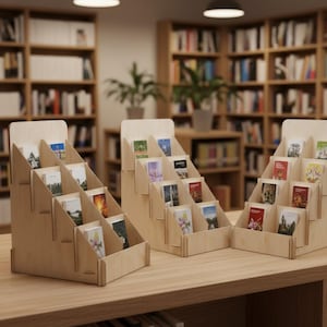 Könnte beinhalten: Drei helle, mehrstufige Holzständer, die auf einer flachen Oberfläche angeordnet sind. Jeder Ständer verfügt über vier Ebenen mit abgewinkelten Schlitzen für kleine rechteckige Karten oder Broschüren, die verschiedene farbige Druckbilder auf ihren Einbänden zeigen.